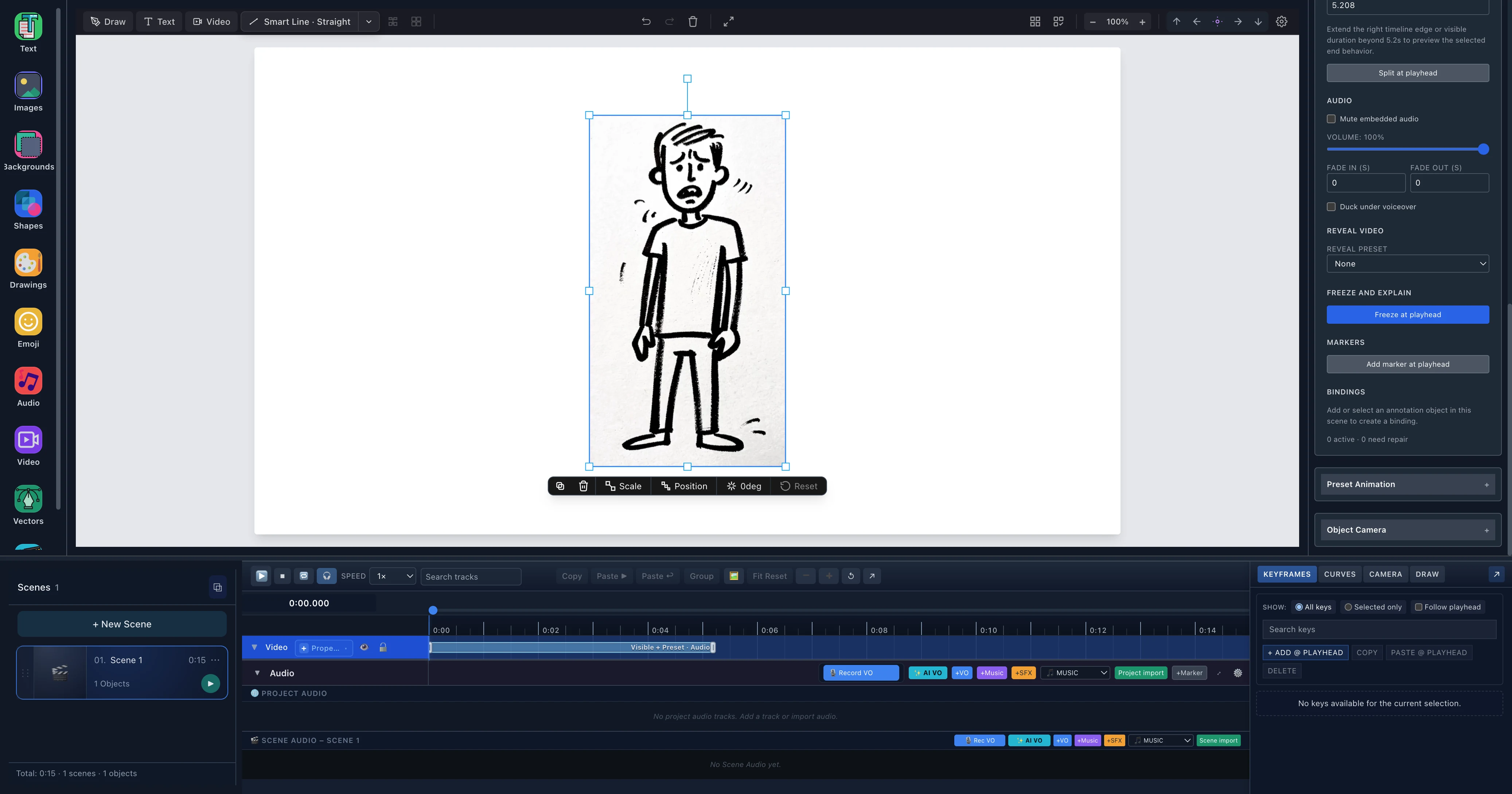 Scribe Animator editor with a local video selected on the canvas, its timeline lane visible, and Freeze and Explain controls open